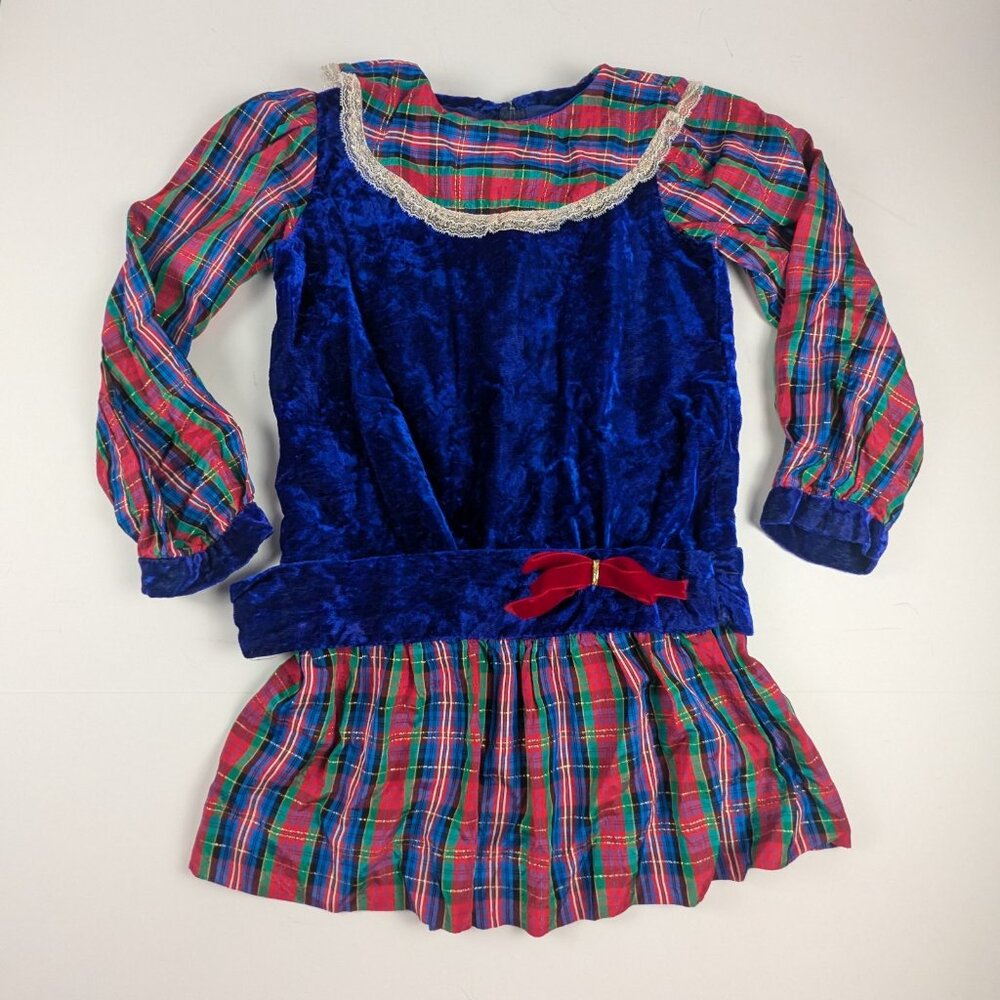 Vintage 90's Girls Christmas Dress Size 3T Handmade Blue Velvet Plaid Tartan